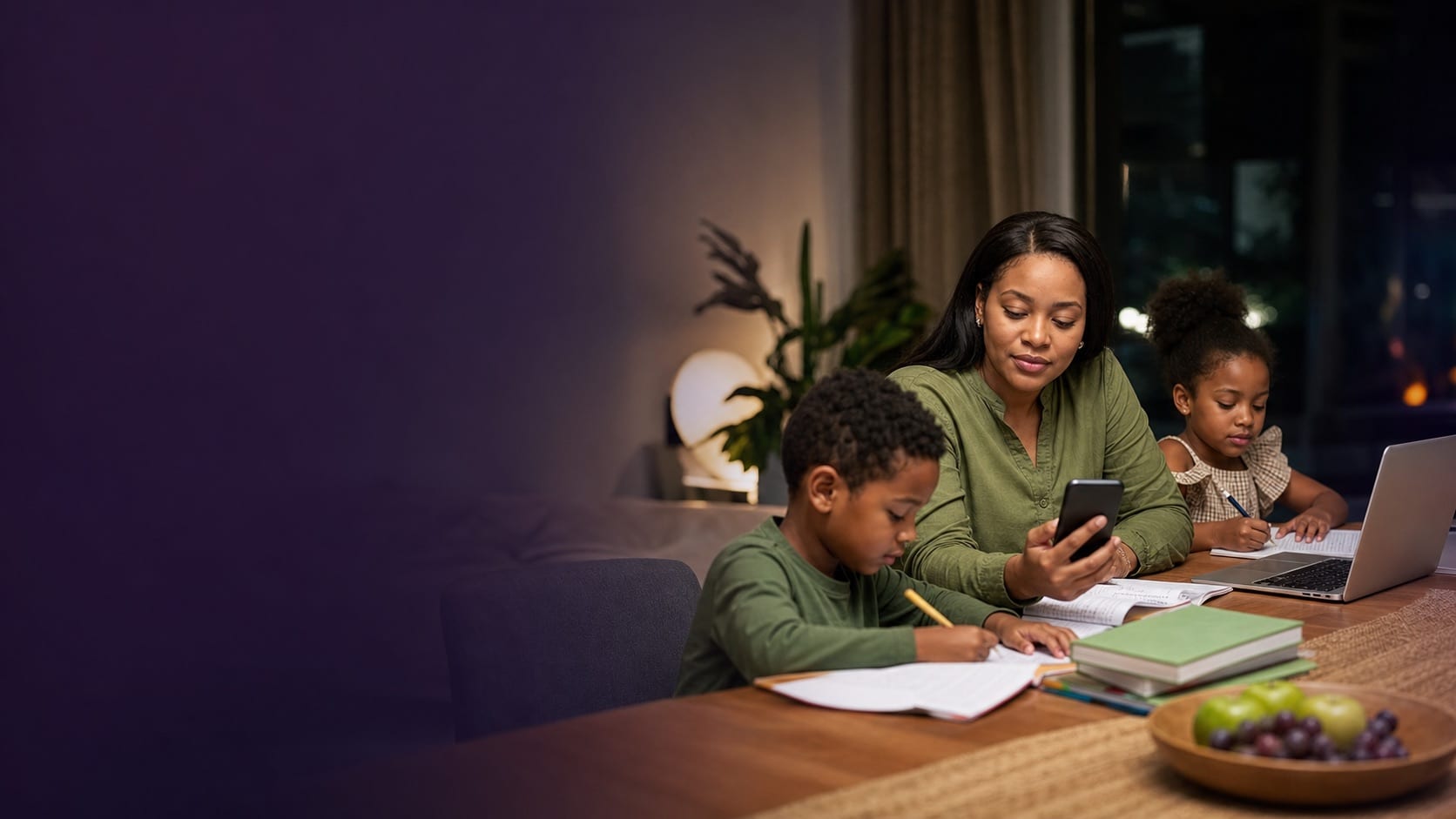 Mother checking family health plan details while children study nearby