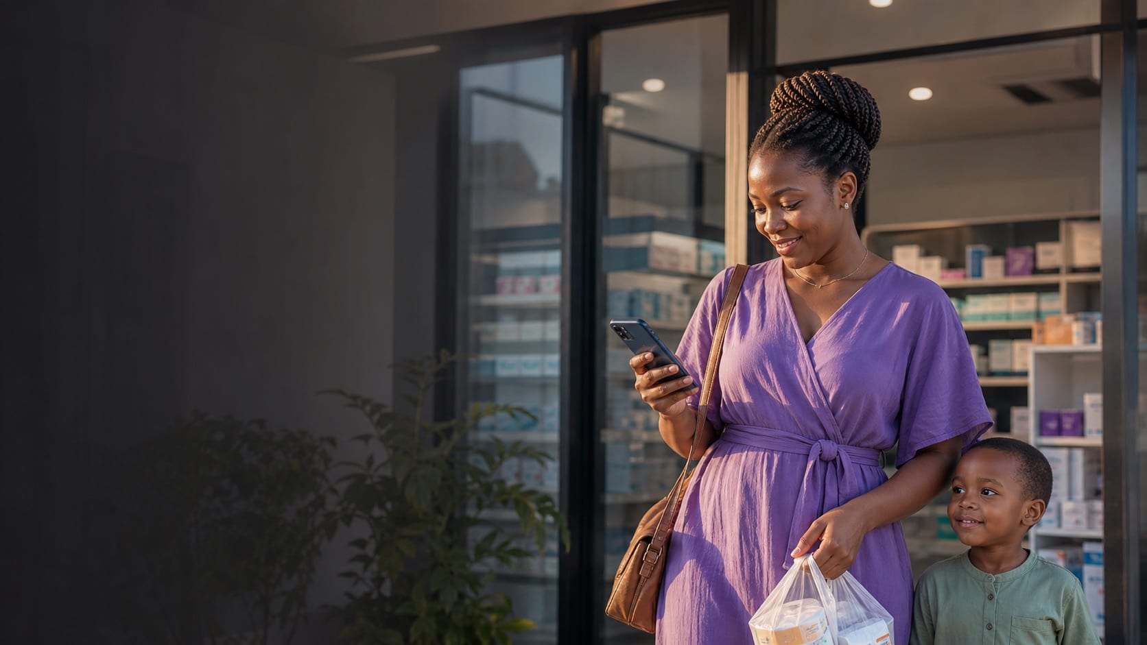 Mother and child leaving a pharmacy while reviewing health follow-up on a phone