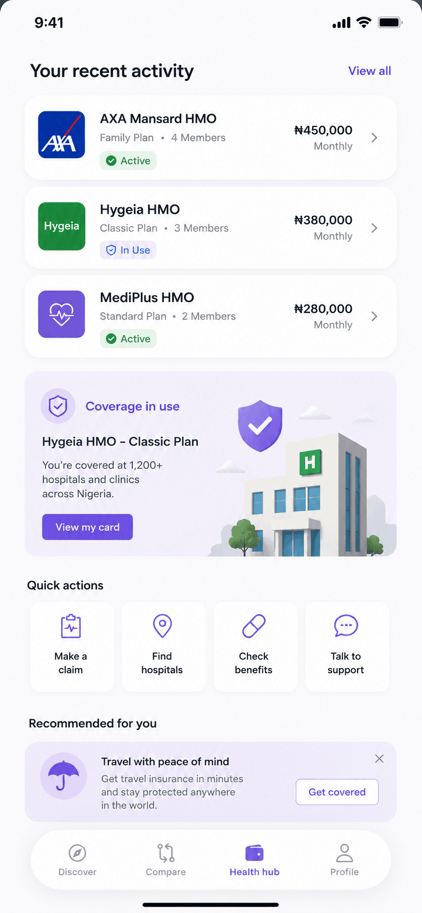 Vetra personal app health hub with active plans, card access and quick actions