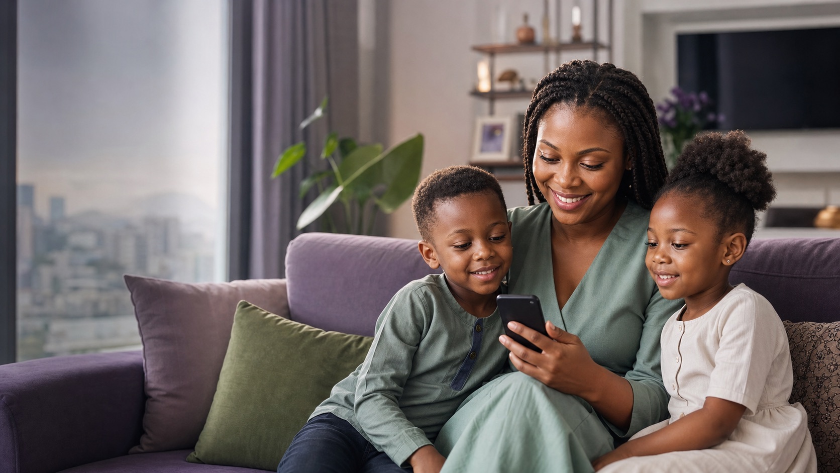 Nigerian mother and children reviewing family health cover at home